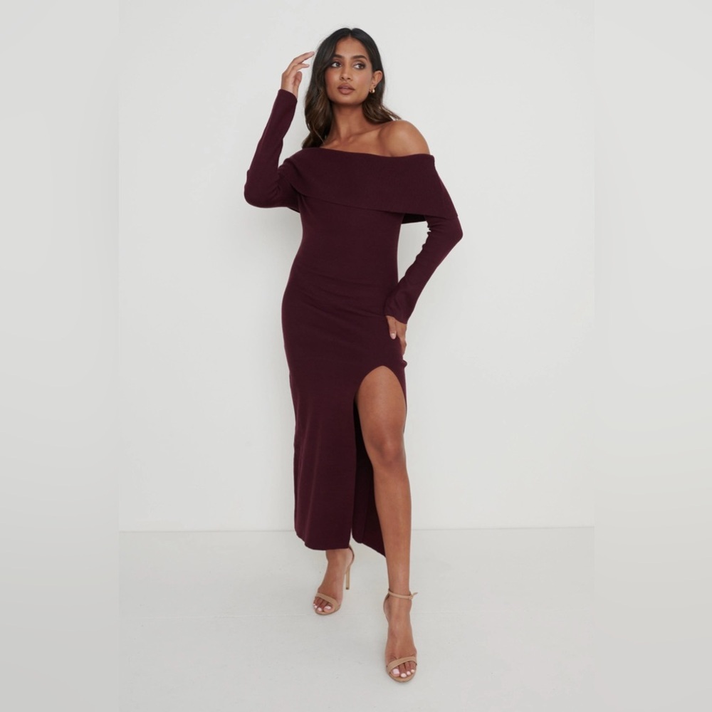 Pretty Lavish Payton Asymmetric Bardot Knit Wine Size Off-Shoulder Midi Dress